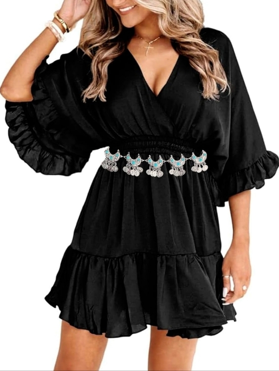 Elegant Black V-Neck Long-Sleeve Ruched Mini Dress main image 7